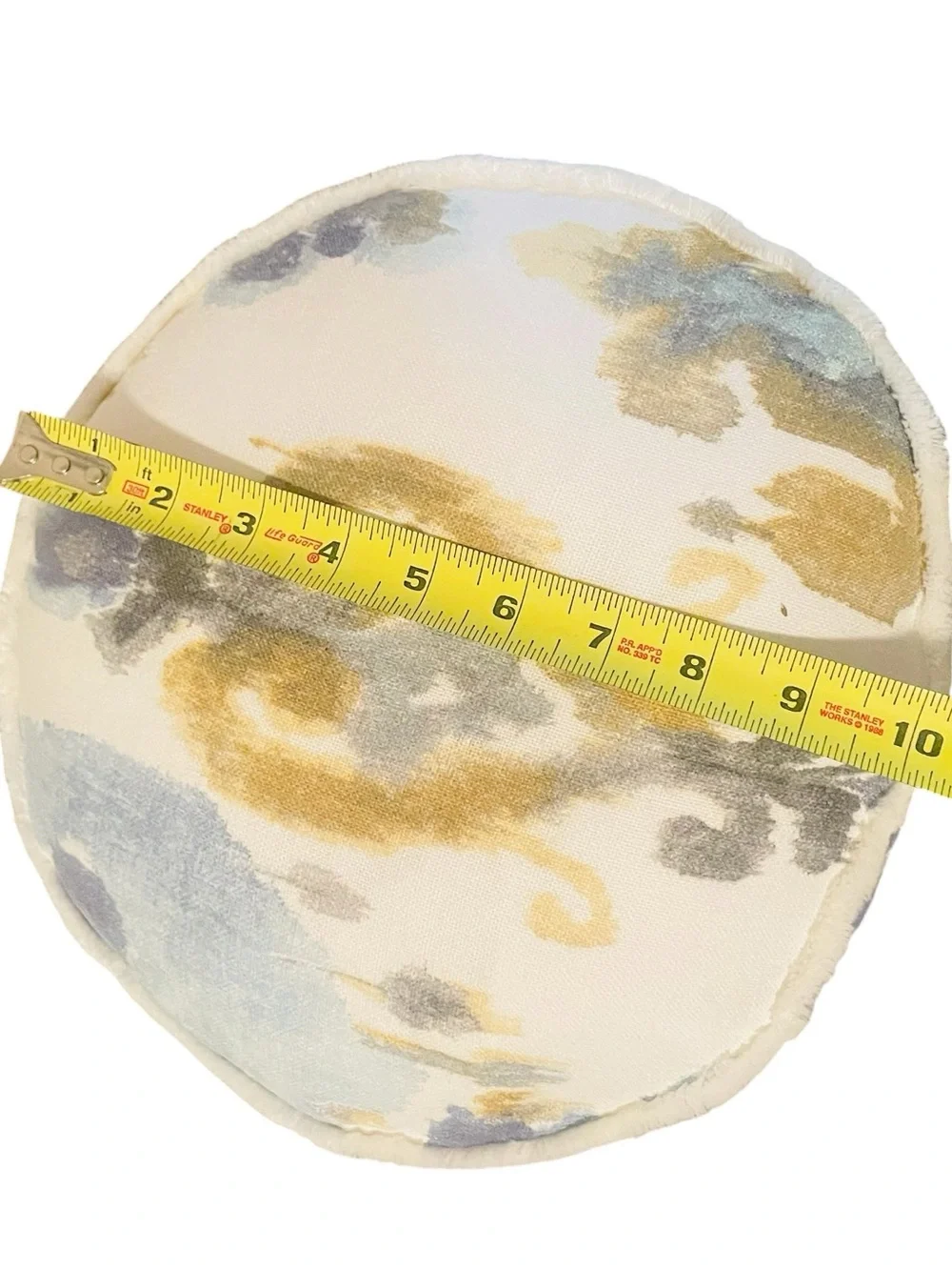 Round Abstract Coastal Accent Pillow Blue Gold Ivory Designer Throw Pillow